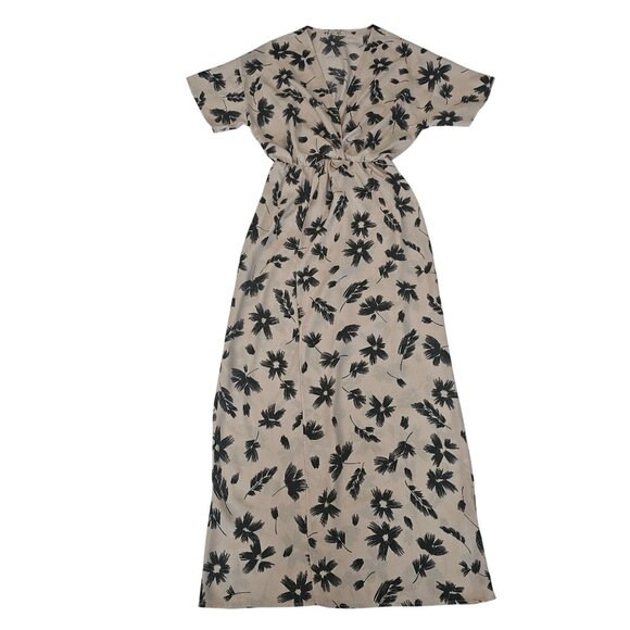 n/t Women's Beige & Black Floral Elastic Waist V-Neckline Maxi Dress Size Small - Picture 2 of 13